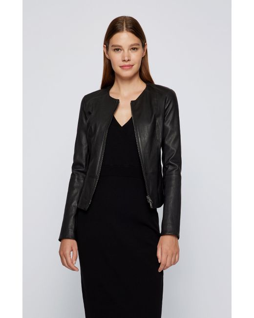 BOSS by HUGO BOSS Slim-fit Collarless Jacket In Stretch Leather, Plain  Pattern in Black - Lyst