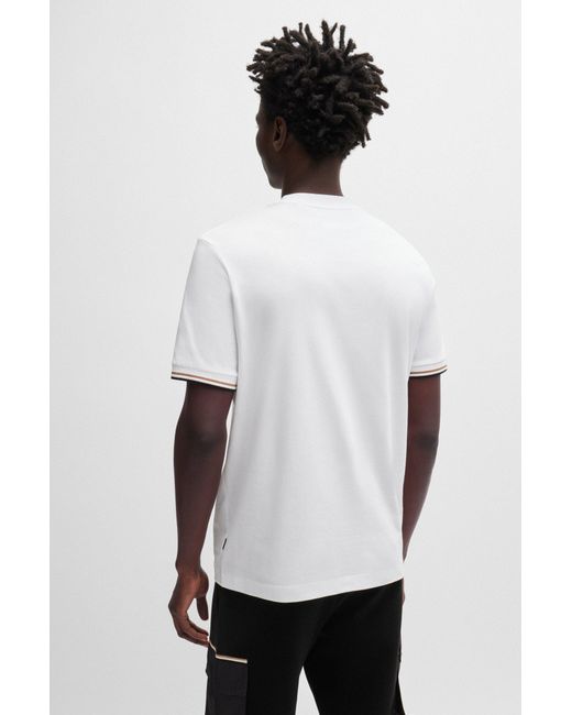 Boss White Cotton-jersey T-shirt With Signature-stripe Cuffs for men