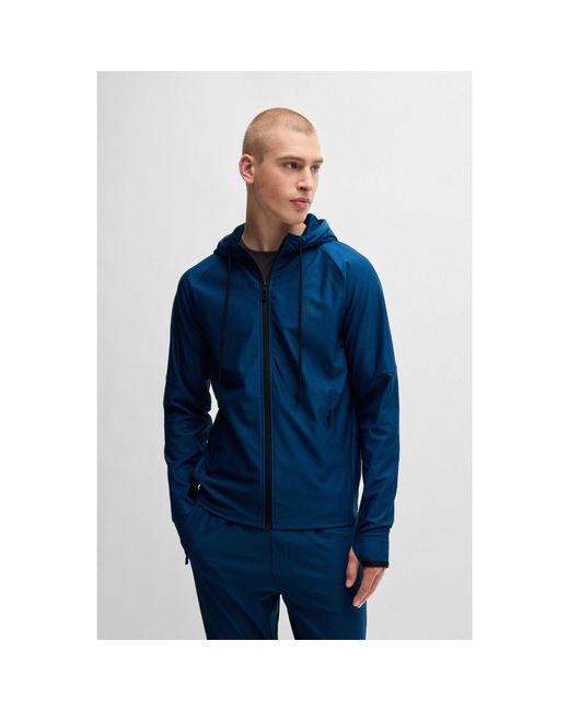 Boss Blue Active-Stretch Zip-Up Hoodie With Logo Detail for men