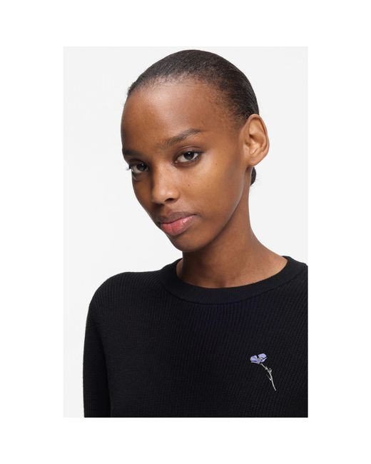 HUGO Black Cotton Sweater With Detachable Floral Brooch