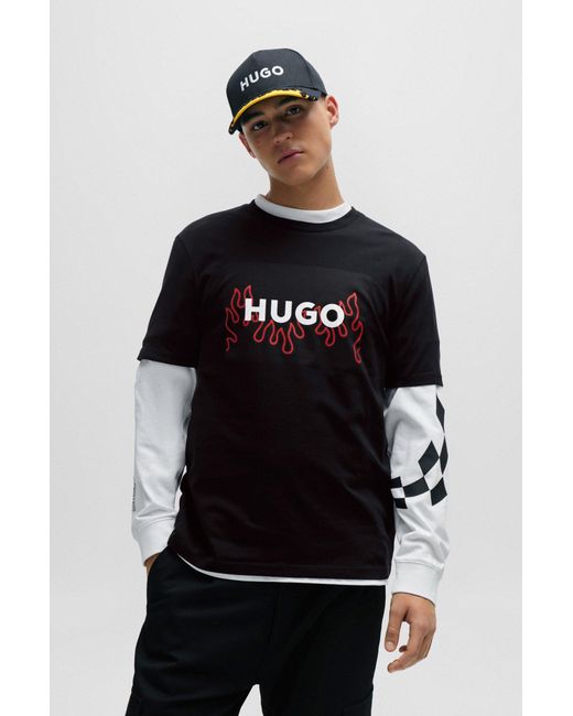 HUGO Black Cotton-jersey Regular-fit T-shirt With Flame Logo for men
