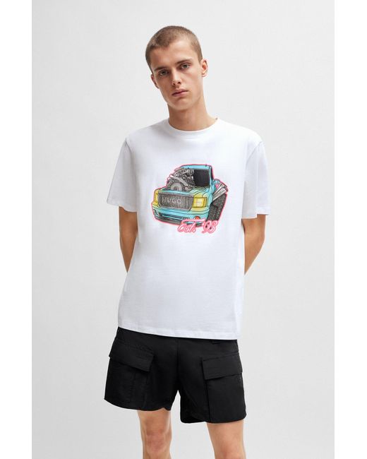 HUGO White Relaxed-fit T-shirt In Cotton With Car Artwork for men