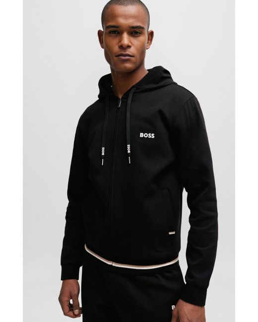 Boss Black Zip-up Hoodie With Stripes And Logos for men