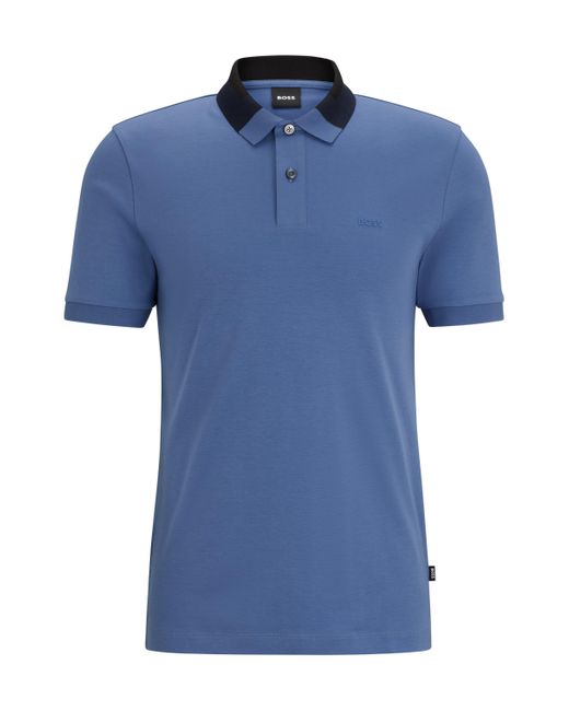 Boss Blue Interlock-cotton Slim-fit Polo Shirt With Colour-blocked Collar for men
