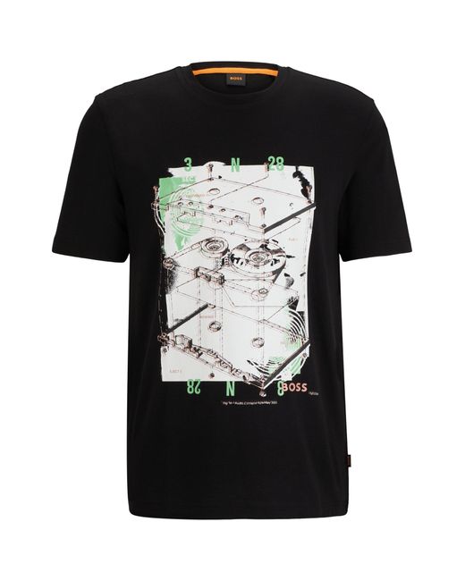 Boss Black Cotton-jersey T-shirt With Seasonal Print for men