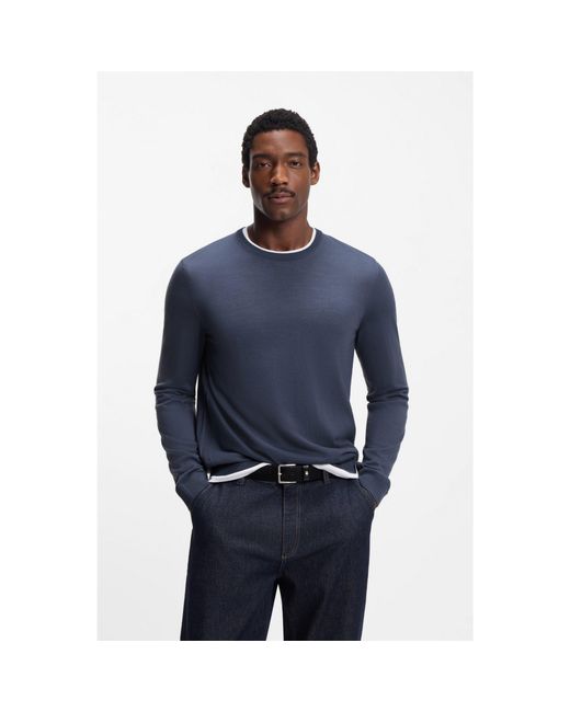 Boss Blue Slim-fit Sweater In Virgin Wool With Crew Neckline for men