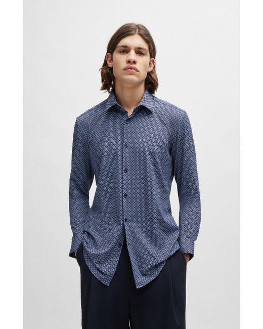 HUGO Bedrucktes Slim-Fit Hemd aus funktionalem Stretch-Gewebe in Blue für Herren