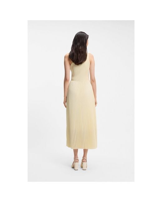 Boss White Rib-Knit One-Shoulder Dress With Plissé Skirt