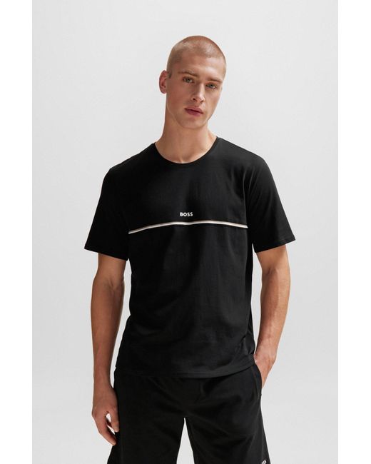 Boss Black Stretch-cotton Pyjama T-shirt With Signature Stripe And Logo for men