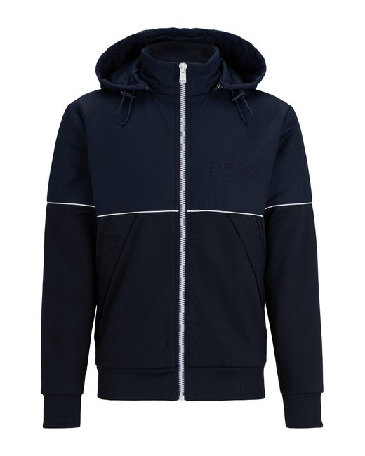 Boss Blue Hybrid Zip-up Hoodie With Piping And Raised Logo for men