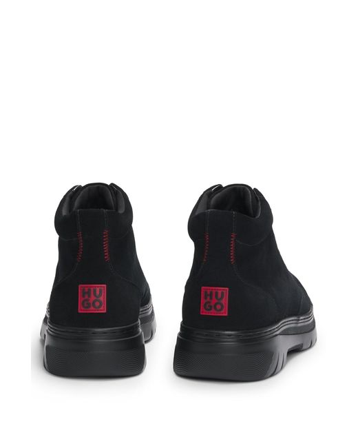 HUGO Black Suede High-top Boots With Stacked Logo for men