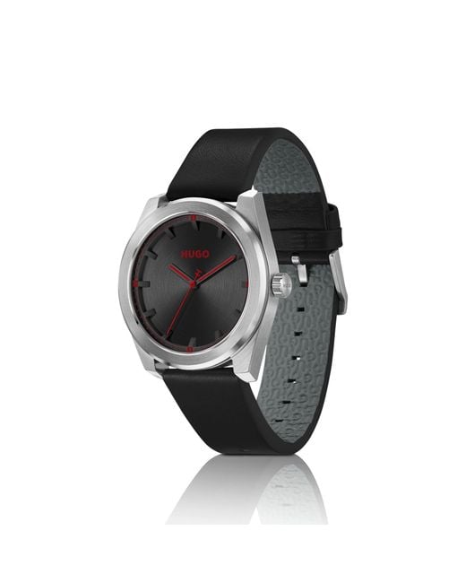 HUGO Black Leather-Strap Watch With Brushed Dial for men