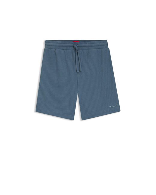 HUGO Blue Waffle-Structured Pyjama Shorts With Embroidered Logo for men