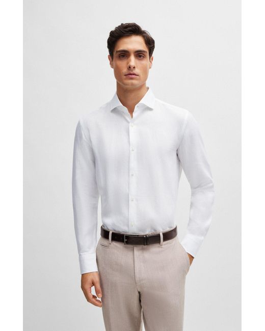 Boss White Slim-fit Shirt In Linen With Spread Collar for men