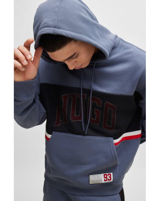 HUGO Blue Cotton-terry Relaxed-fit Hoodie With Sporty Logo for men