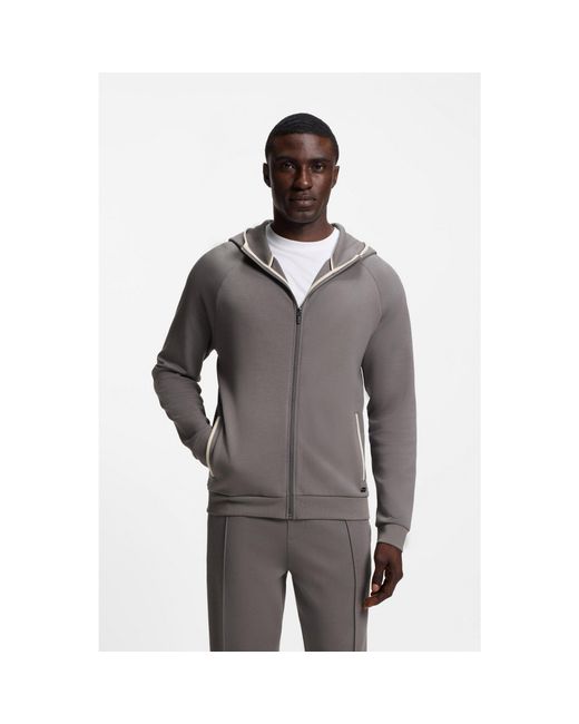 Boss Gray Cotton-Blend Zip-Up Hoodie With Contrast Binding for men