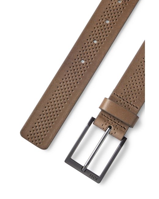 Boss Brown Italian-leather Belt With Perforated Strap And Gunmetal Buckle for men