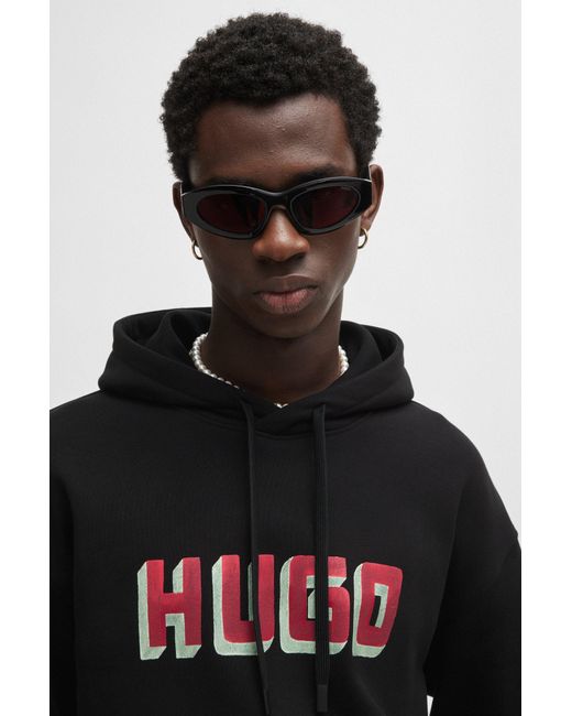 HUGO Black Logo-print Hoodie In French-terry Cotton for men
