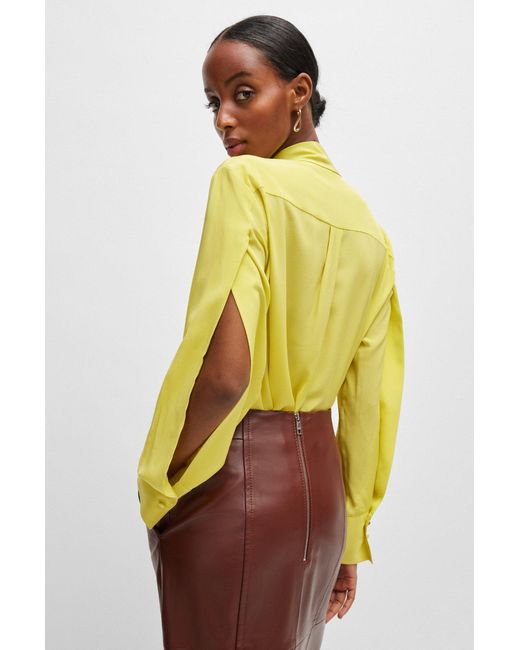 Boss Yellow Relaxed-fit Blouse In Washed Silk With Tie Collar