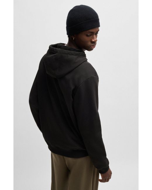 HUGO Black Cotton-terry Hoodie With Stacked Logo Print for men