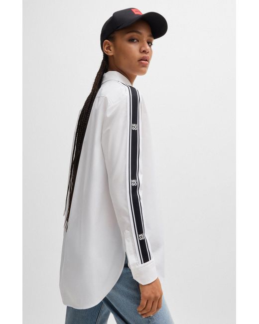 HUGO White Oversized-fit Blouse With Stacked-logo Tape Trims