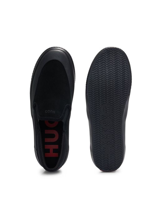 HUGO Black Suede Slip-on Shoes With Signature Slogan for men