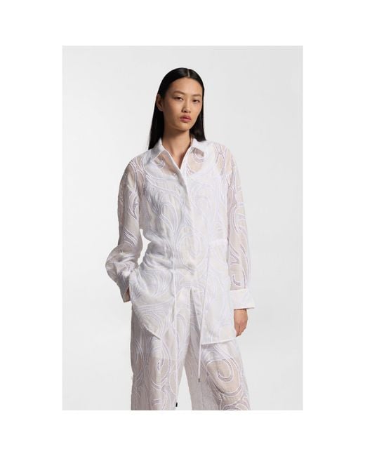 Boss White Regular-Fit Blouse With Embroidered Flowers