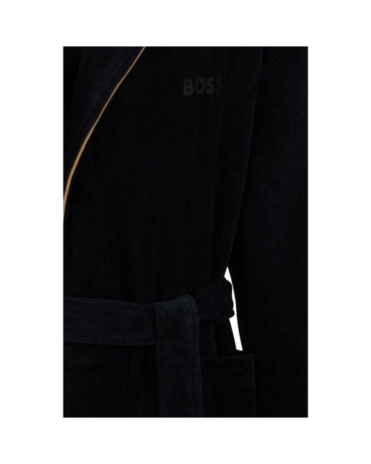 Boss Black Cotton Dressing Gown With Piping And Embroidered Branding for men