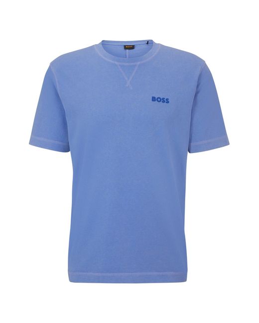 Boss Blue Garment-dyed T-shirt In Cotton With Logo Detail for men