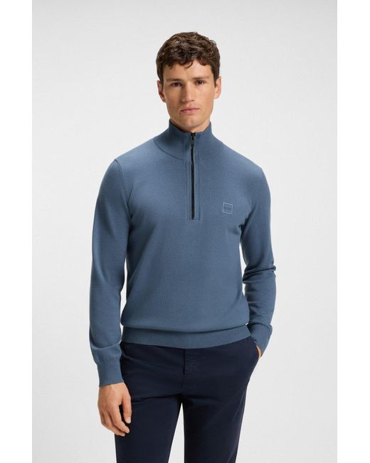 Boss Trui Met Ritskraag Van Katoen En Kasjmier in het Blue voor heren