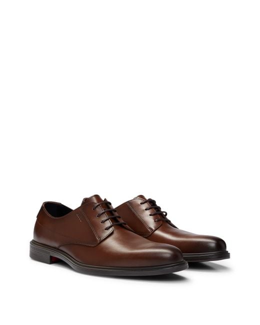 HUGO Brown Derby Shoes In Nappa Leather With Embossed Logo for men
