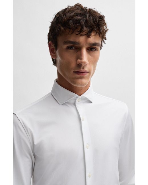 Boss White Slim-fit Shirt In Structured Performance-stretch Fabric for men