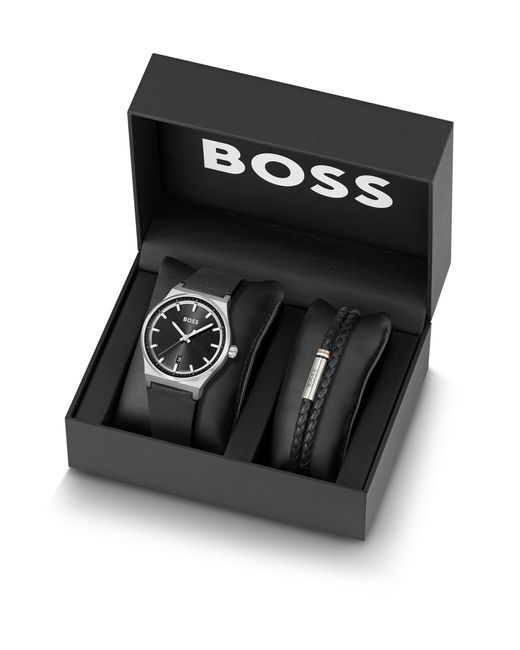 Boss Gift-boxed Black-dial Watch And Braided-leather Cuff for men