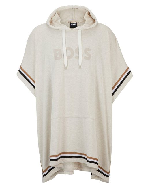 Boss Gray Hooded Beach Poncho With Logo And Signature Stripes