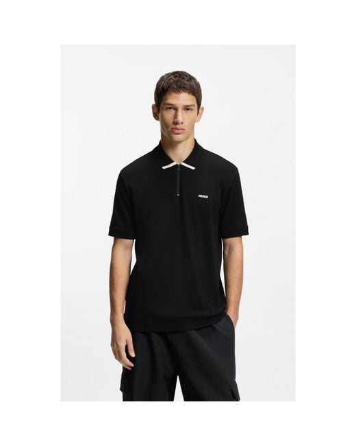 HUGO Black Cotton-Piqué Polo Shirt With Contrast Logo for men