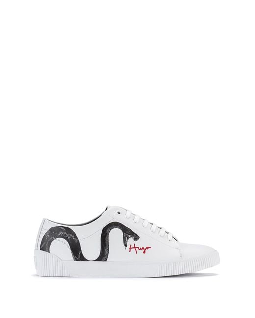 HUGO White Leather Trainers With Snake Artwork And Handwritten Logo for men