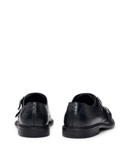 HUGO Black Double-monk Shoes In Leather With Logo for men