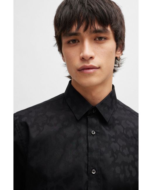 HUGO Black Extra-slim-fit Cotton Shirt With Jacquard-woven Pattern for men