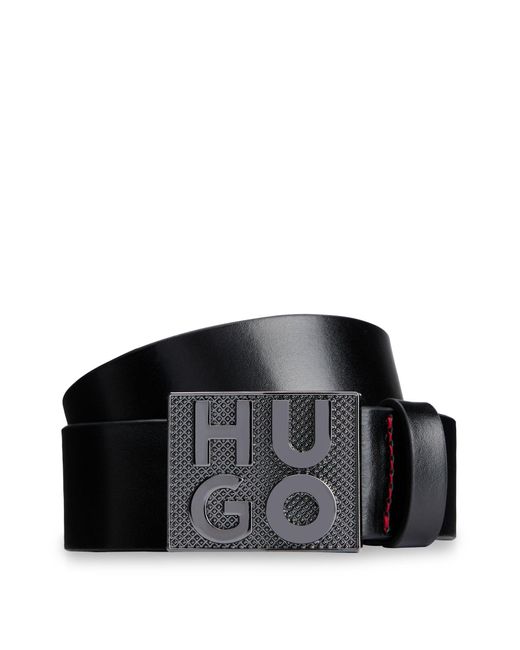 HUGO Black Italian-leather Belt With Stacked-logo Plaque Buckle for men