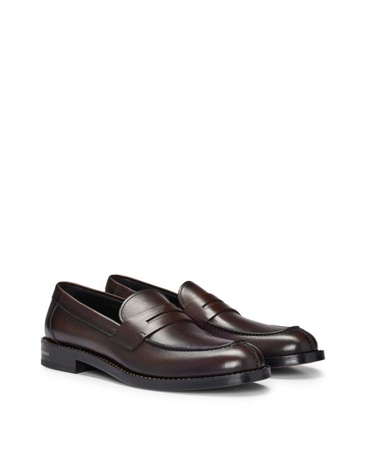 Boss Brown Leather Slip-on Loafers With Penny Trim for men