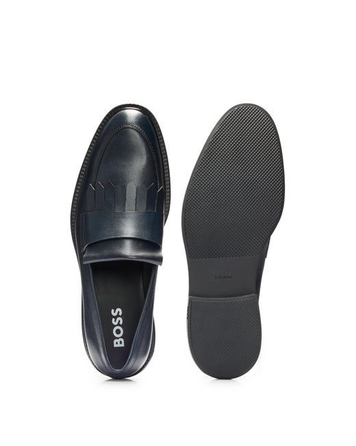 Boss Blue Apron-toe Loafers In Leather With Fringe Trim for men