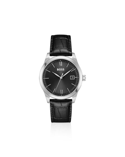 Boss Black Langford-Dial Watch With Croc-Emed Leather Strap for men