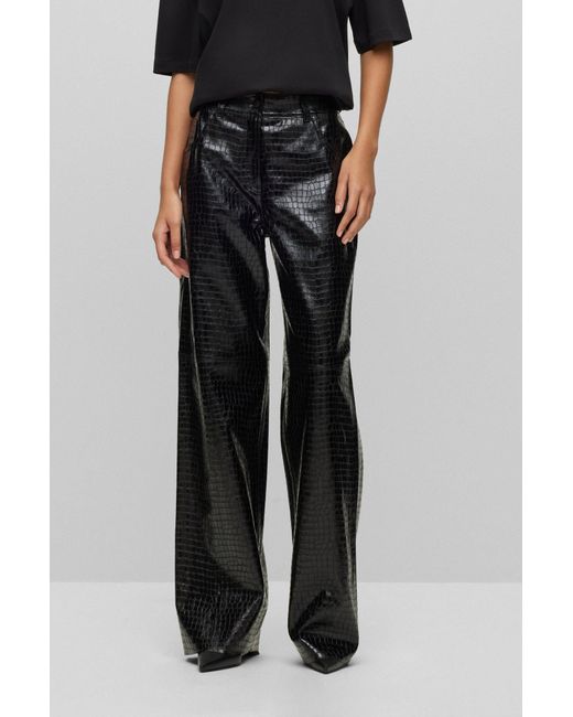 HUGO Black Relaxed-fit Trousers In Crocodile-structured Synthetic Coated Fabric