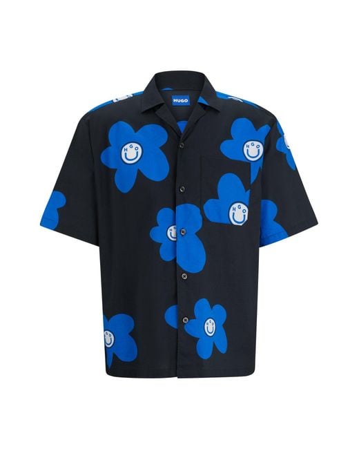 HUGO Blue Oversized-fit Shirt In Floral-print Cotton Poplin for men