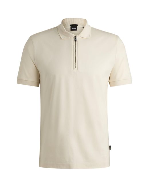BOSS Mercerized-cotton Slim-fit Polo Shirt With Zip Neck in Natural for ...
