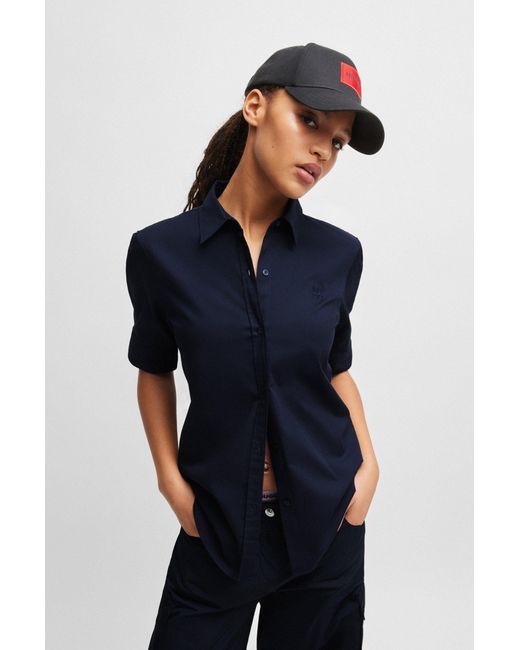 HUGO Blue Regular-fit Blouse In Stretch Cotton With Stacked Logo