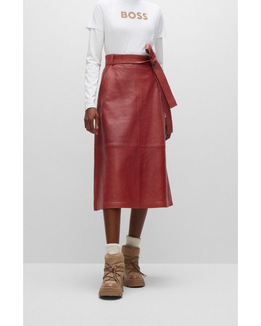 BOSS by HUGO BOSS Nappa-leather A-line Skirt With Belted Waist in Red | Lyst