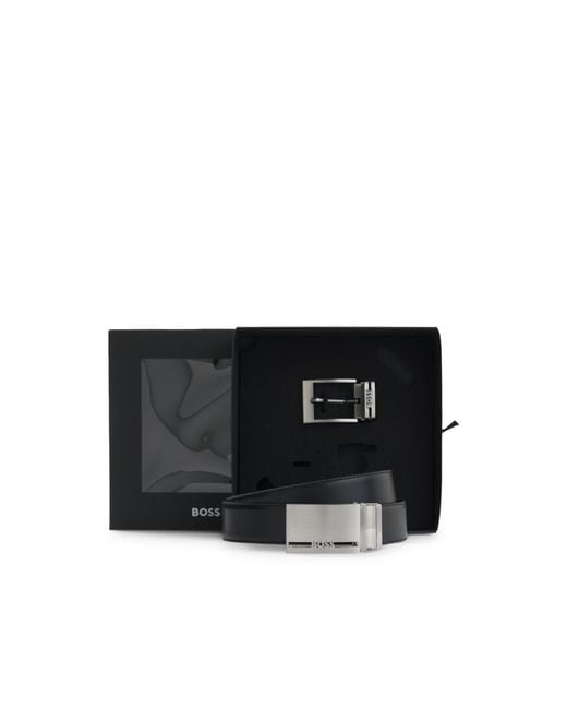 Boss Black Reversible Italian-Leather Belt With Two Buckles for men