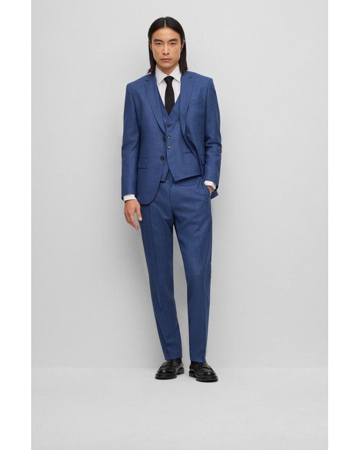 Boss Blue Three-piece Slim-fit Suit In A Wool Blend for men