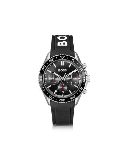 Boss Black Silicone-Strap Chronograph Watch With Dial for men